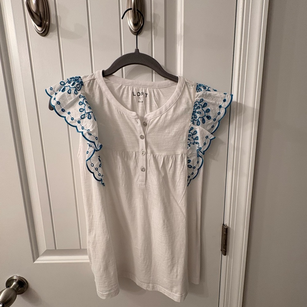 LOFT White Tank Top with Blue Embroidery